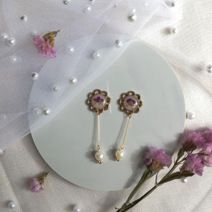 Round Lace Purple Sweet Alyssum Earrings