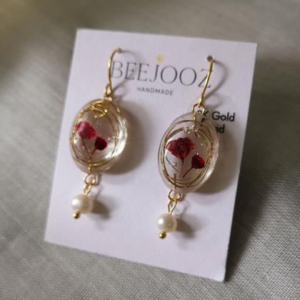 18k Gold Plated Oval Red Baby Breath Drop With..