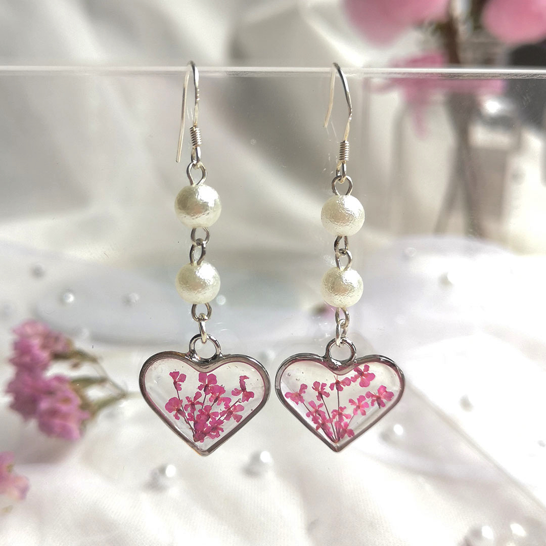 Heart Shaped Pink Lace Flower Dangling Earrings