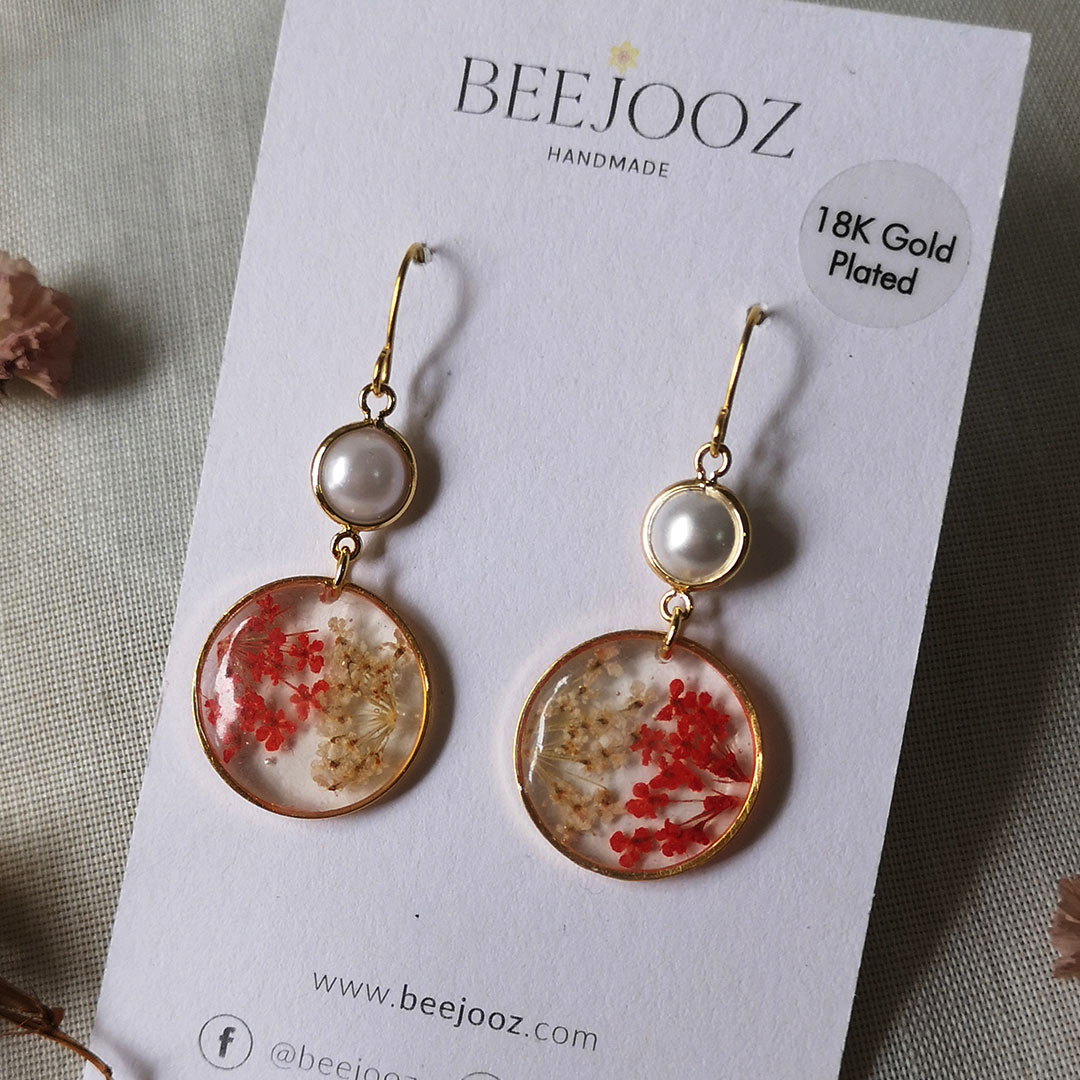 18k Gold Plated Round Red & White Lace Flower Drop