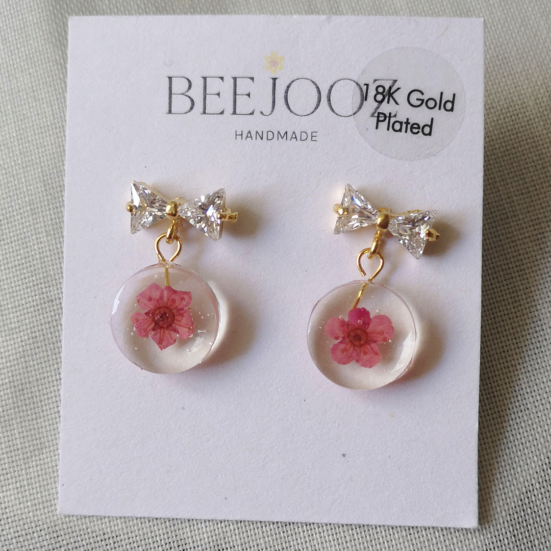 18k Gold Plated Pink Cherry Blossom With Petite Ribbon Stud Drop