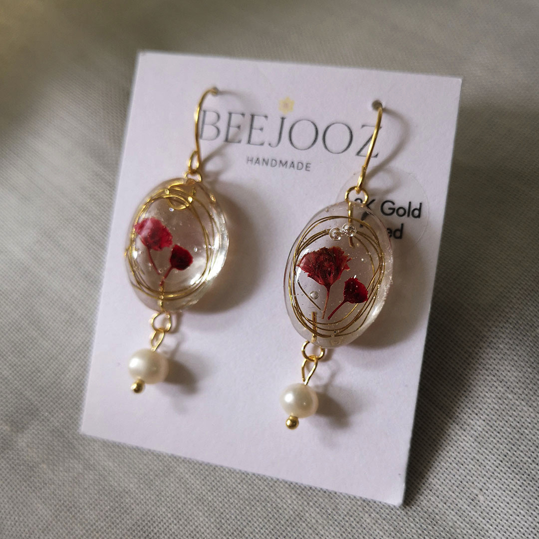 18k Gold Plated Oval Red Baby Breath Drop With Pearl
