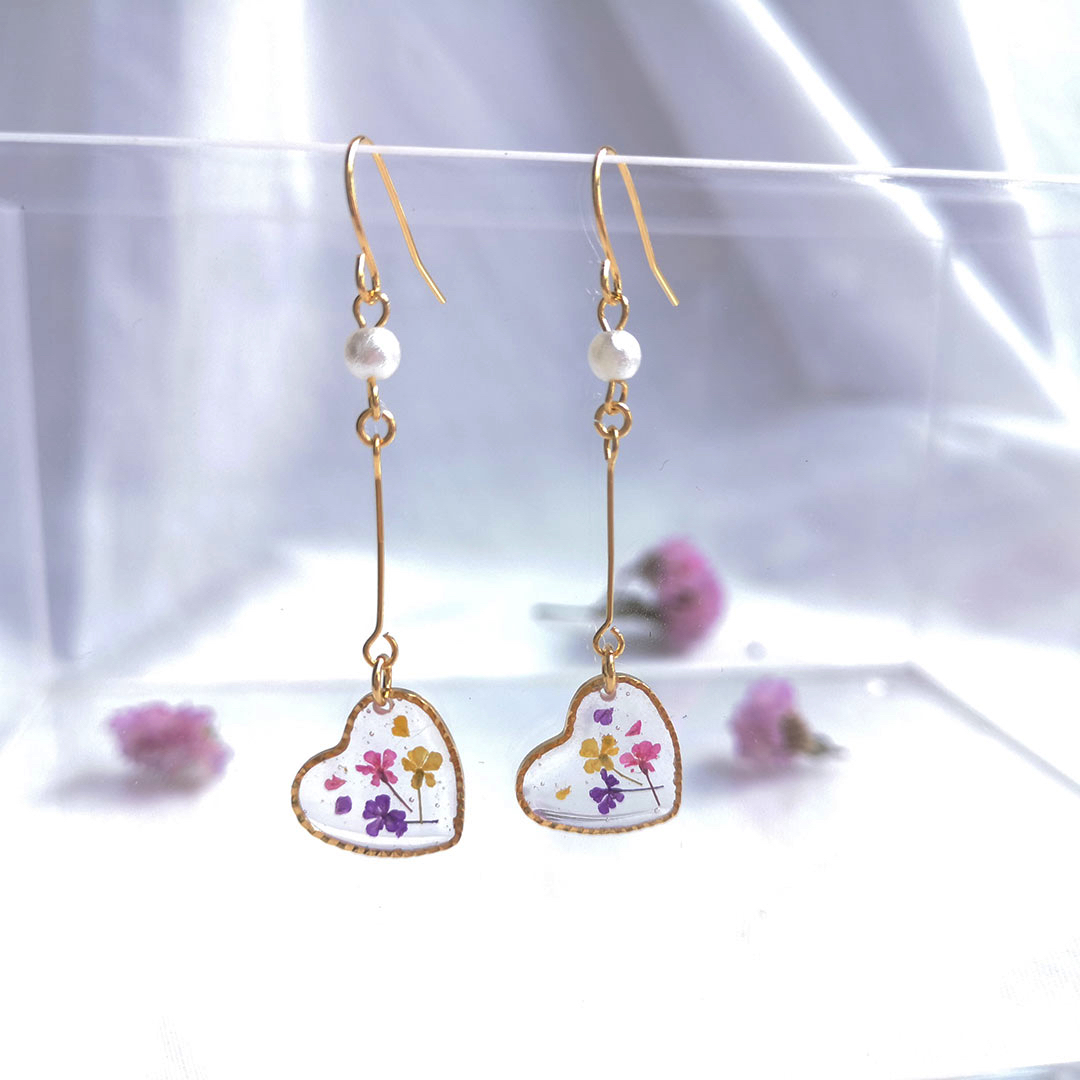 18k Gold Plated Heart Shaped Purple Triple Lace Flower Dangling Earrings