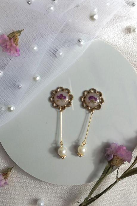 Round Lace Purple Sweet Alyssum Earrings
