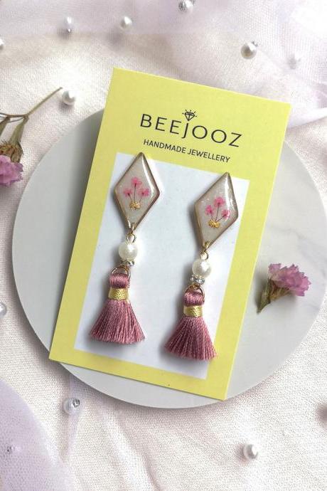 Pink Lace Flower Long Tassel Earrings