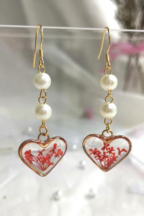 Heart Shaped Red Lace Flower Dangling Earrings