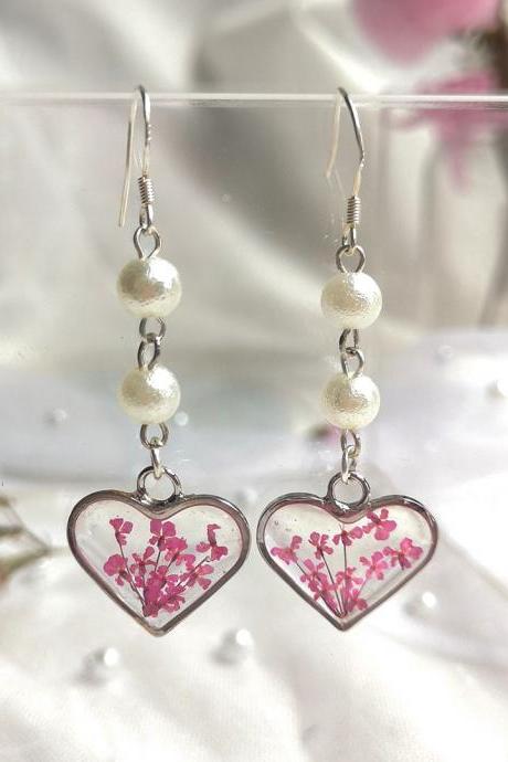 Heart Shaped Pink Lace Flower Dangling Earrings