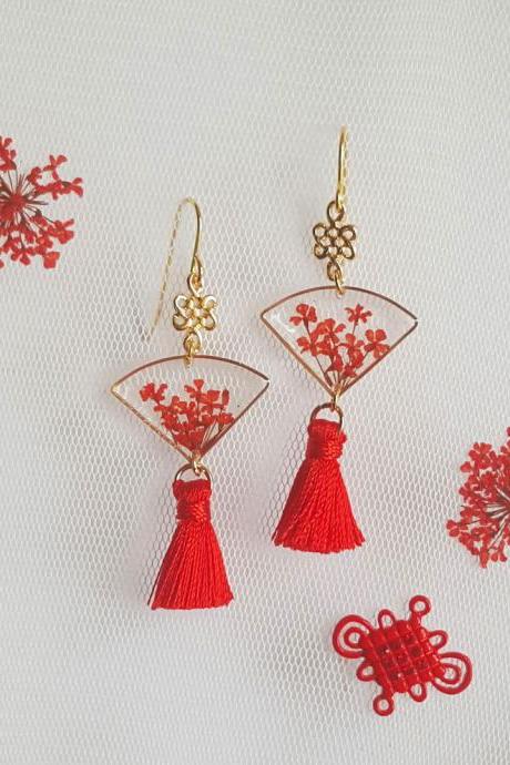 18k Gold Plated Red Lace Flower Fan Tassel Drop With Oriental Knot