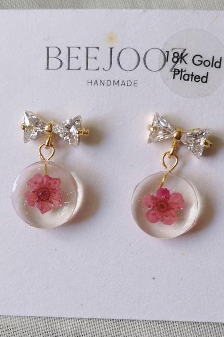 18K Gold Plated Pink Cherry Blossom with Petite Ribbon Stud Drop
