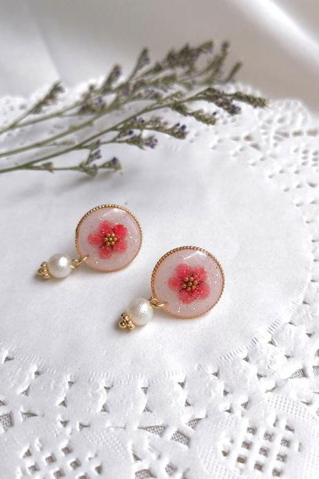 18K Gold Plated Petite Red Cherry Blossom Earrings