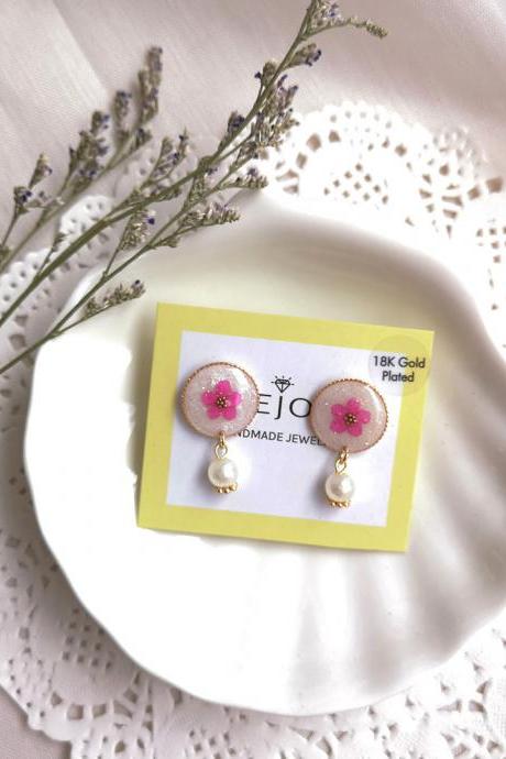 18K Gold Plated Petite Pink Cherry Blossom Earrings