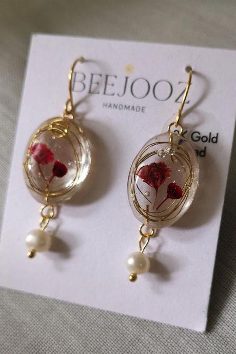 18K Gold Plated Oval Red Baby Breath Drop with Pearl