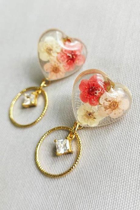 18K Gold Plated Heart Shaped Triple Cherry Blossom Statement Stud Drop
