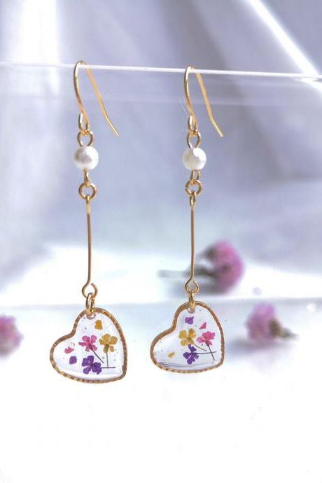 18K Gold Plated Heart Shaped Purple Triple Lace Flower Dangling Earrings