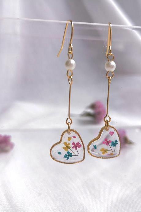 18K Gold Plated Heart Shaped Blue Triple Lace Flower Dangling Earrings
