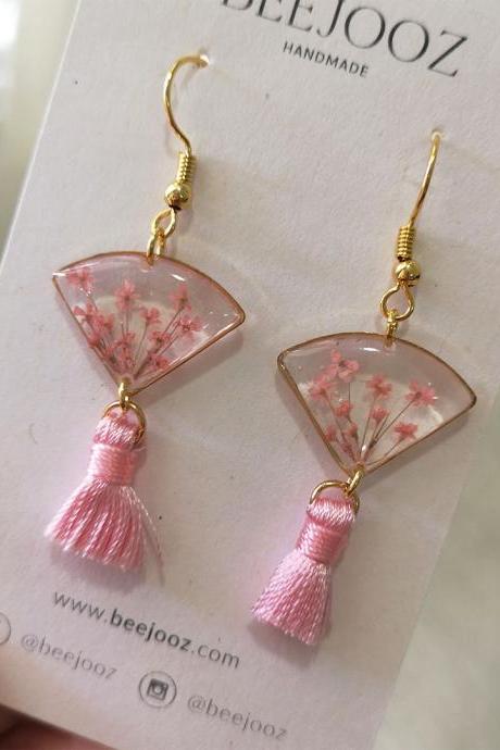 18K Gold Plated Baby Pink Lace Flower Fan Tassel Drop